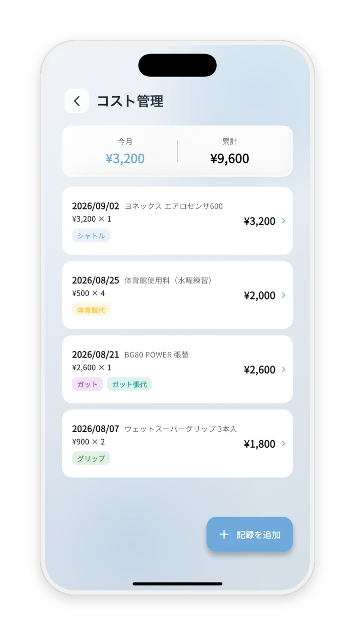 コスト管理画面。練習代やシャトル代などの出費を見える化